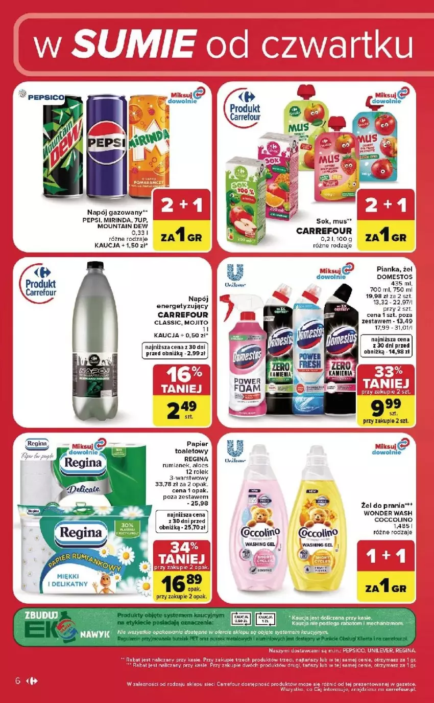 Gazetka promocyjna Carrefour - Gazetka Carrefour, Market w SUMIE od czwartku WEEKEND OKAZJI - ważna 02.07 do 04.07.2026 - strona 6 - produkty: 7up, Coccolino, Domestos, Fa, Gin, Mirinda, Napój, Napój gazowany, Papier, Pepsi, Pur, Rum
