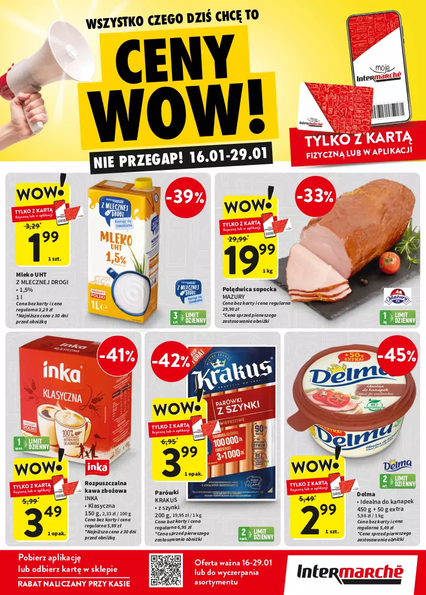 Gazetka promocyjna Intermarche - ważna 16.01 do 29.01.2025 - strona 1 - produkty: Delma, Inka, Kawa, Kawa zbożowa, Krakus, Mleko, Parówki, Polędwica