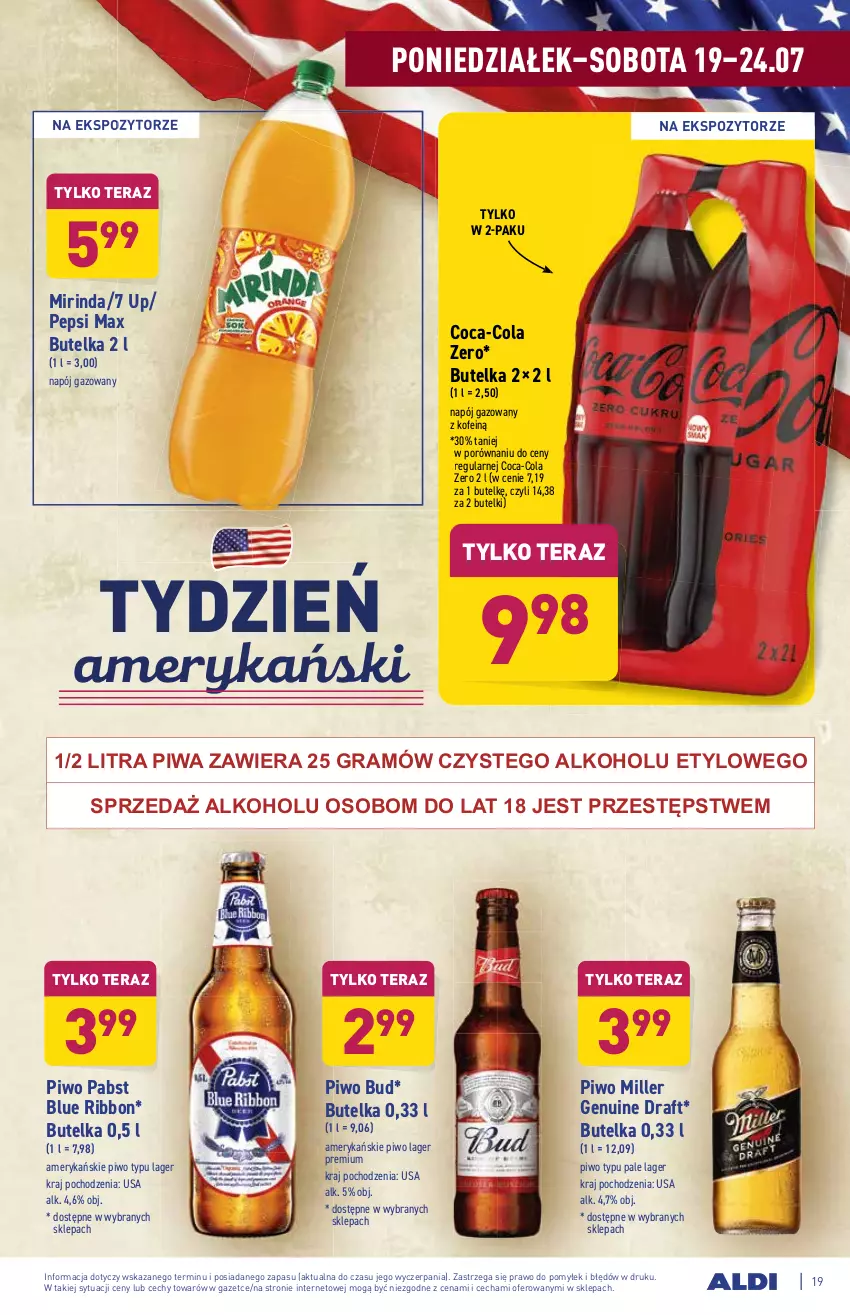 Gazetka promocyjna Aldi - ważna 19.07 do 24.07.2021 - strona 19 - produkty: Coca-Cola, Gra, Mirinda, Napój, Napój gazowany, Pepsi, Pepsi max, Piwa, Piwo, Por, Tera