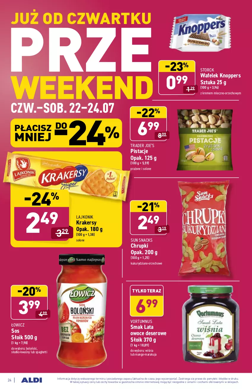 Gazetka promocyjna Aldi - ważna 19.07 do 24.07.2021 - strona 24 - produkty: Chrupki, Deser, Knoppers, Krakersy, Lajkonik, Mango, Owoce, Pistacje, Ser, Sos, Spaghetti, Tera, Wafelek