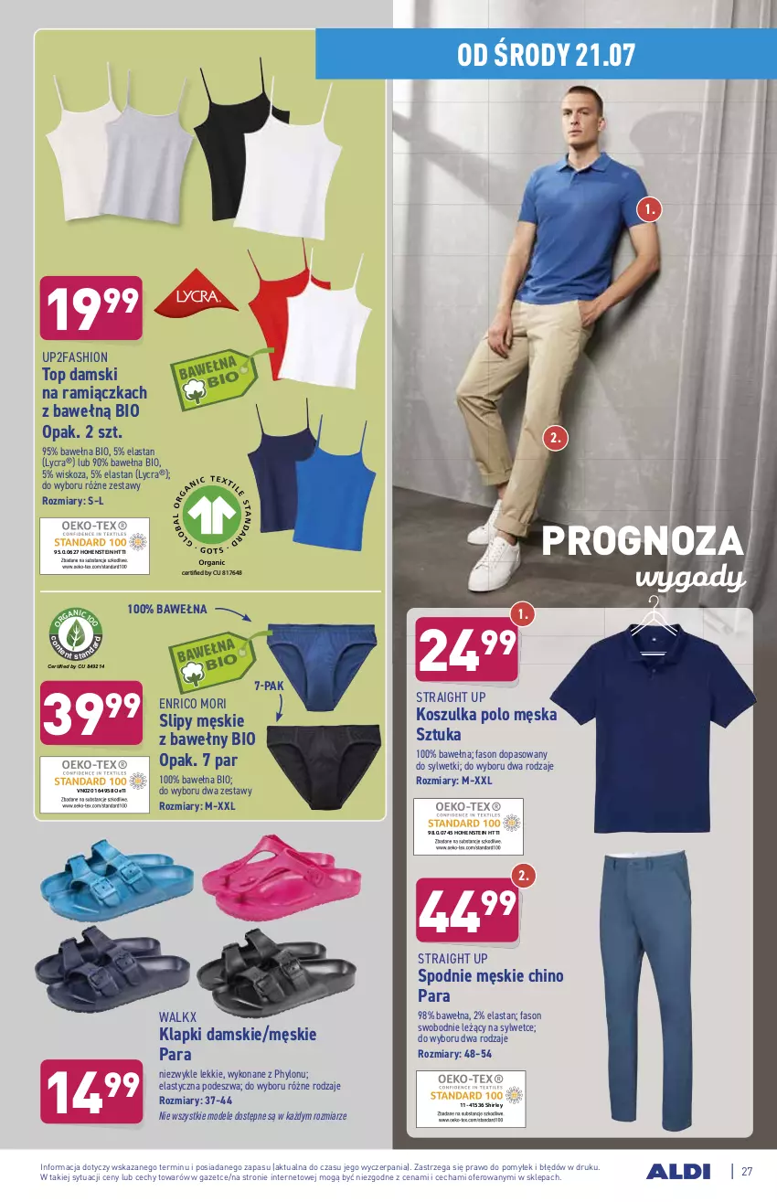 Gazetka promocyjna Aldi - ważna 19.07 do 24.07.2021 - strona 27 - produkty: Fa, Klapki, Kosz, Koszulka, Slipy, Spodnie, Top, Wełna