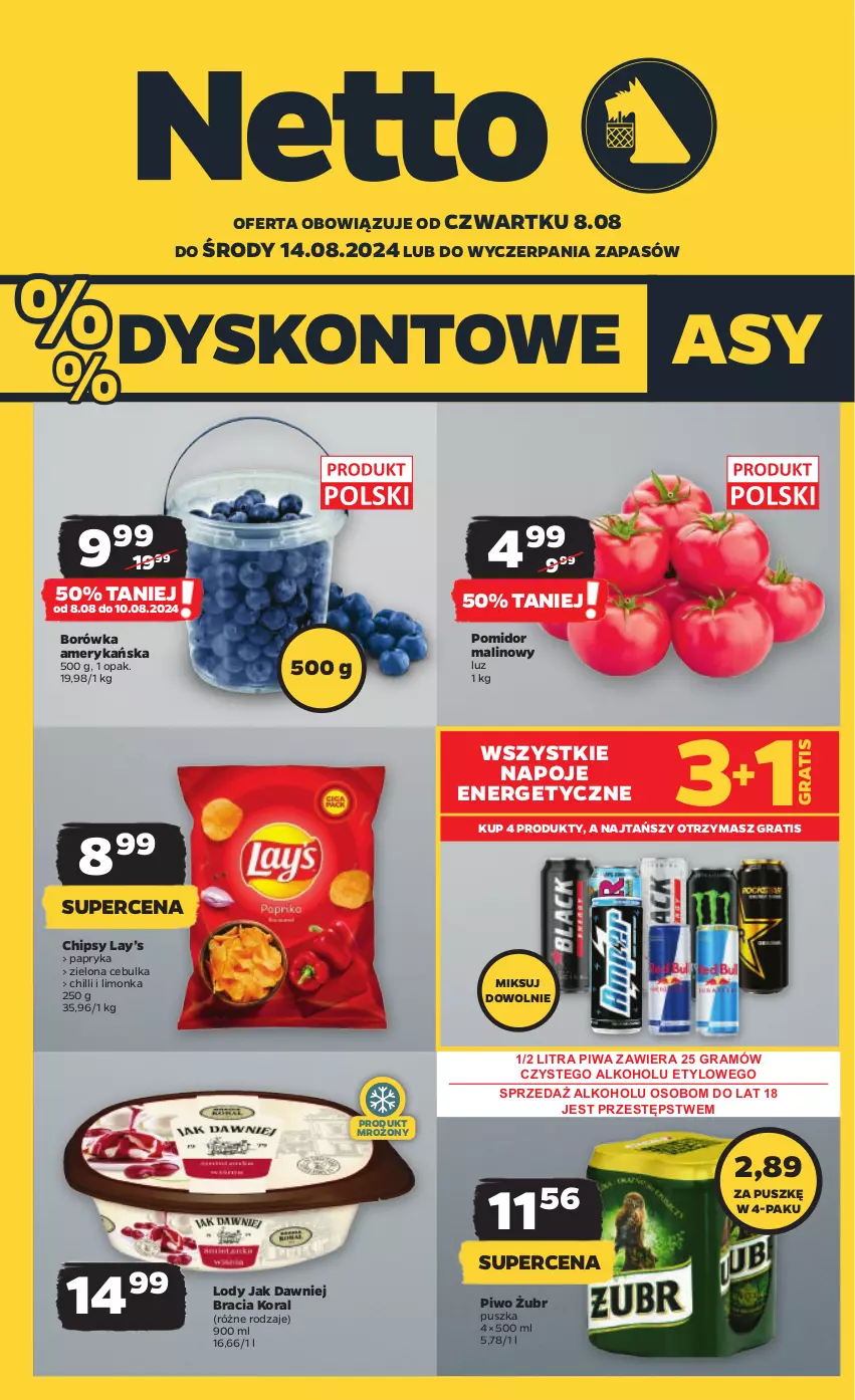 Gazetka promocyjna Netto - Od Czwartku - ważna 08.08 do 14.08.2024 - strona 1 - produkty: Borówka, Borówka amerykańska, Chipsy, Gra, Lay’s, Limonka, Lody, Napoje, Papryka, Piwa, Piwo, Pomidor malinowy