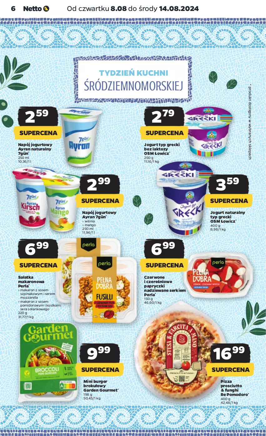 Gazetka promocyjna Netto - Od Czwartku - ważna 08.08 do 14.08.2024 - strona 6 - produkty: Burger, Jogurt, Jogurt naturalny, Makaron, Makaron z sosem, Mango, Mozzarella, Napój, Napój jogurtowy, Papryczki nadziewane, Pizza, Prosciutto, Sałat, Sałatka, Ser, Solan, Sos, Szpinak