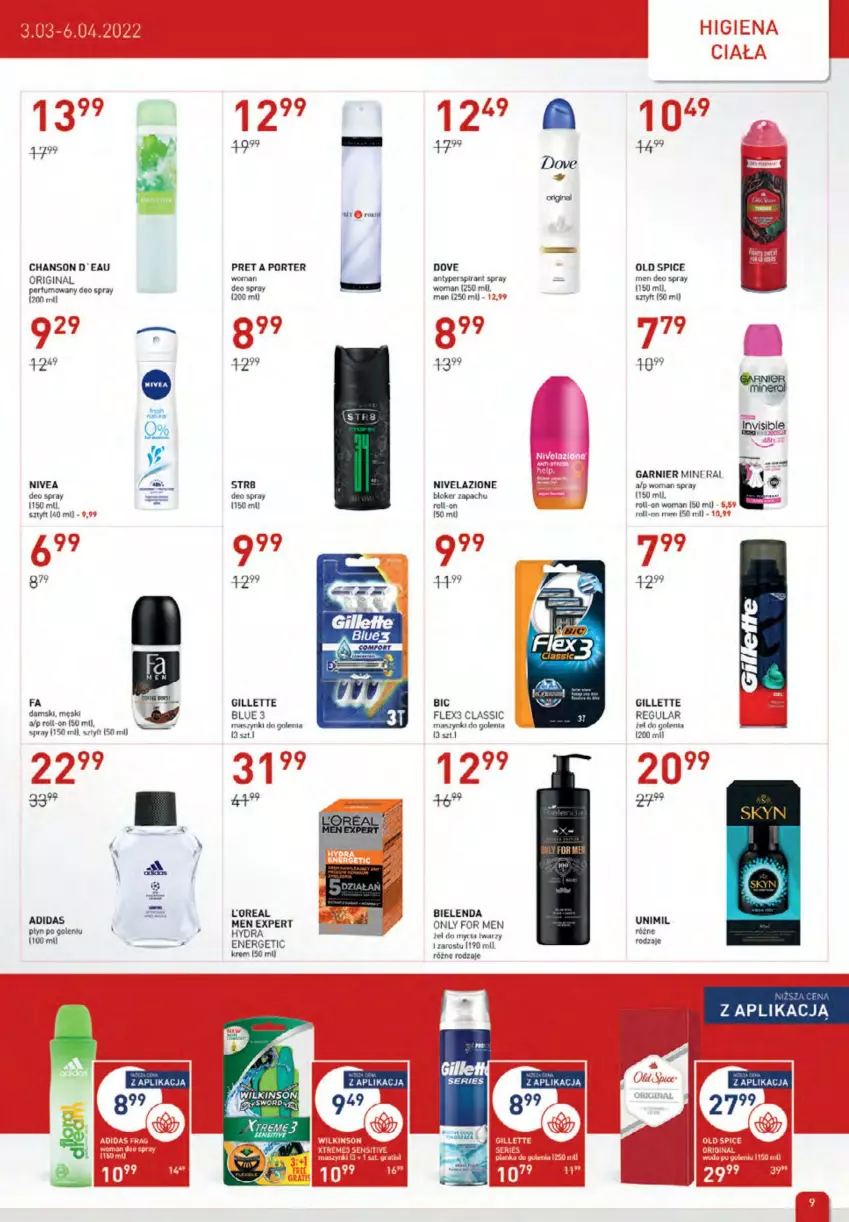 Gazetka promocyjna Drogerie Jawa - ważna 04.03 do 17.03.2022 - strona 9 - produkty: Adidas, Antyperspirant, BIC, Bielenda, Dove, Fa, Garnier, Gillette, Gin, Nivea, Nivelazione, Old Spice, Por, Ser, Unimil