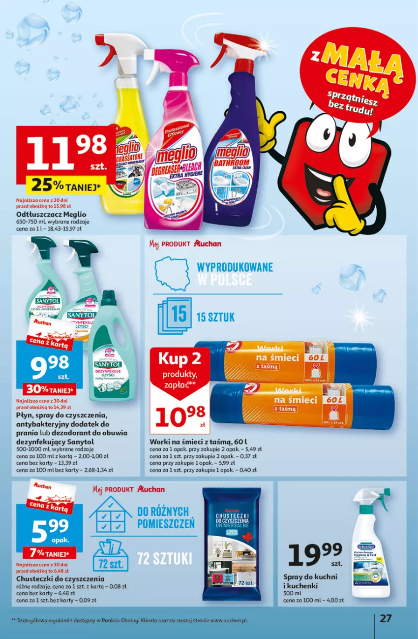 Gazetka promocyjna Auchan - Gazetka z MAŁĄ CENKĄ dźwigniesz więcej! Hipermarket Auchan - ważna 15.02 do 21.02.2024 - strona 27 - produkty: Chusteczki, Chusteczki do czyszczenia, Dezodorant, Odtłuszczacz, Sanytol, Spray do czyszczenia, Worki na śmiec, Worki na śmieci