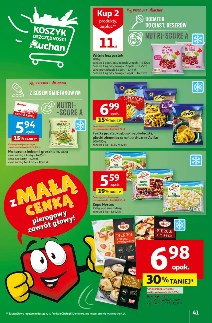 Gazetka promocyjna Auchan - Gazetka z MAŁĄ CENKĄ dźwigniesz więcej! Hipermarket Auchan - ważna 15.02 do 21.02.2024 - strona 41 - produkty: Frytki, Hortex, Lack, Makaron, Pierogi, Stek, Wisnie, Zupa