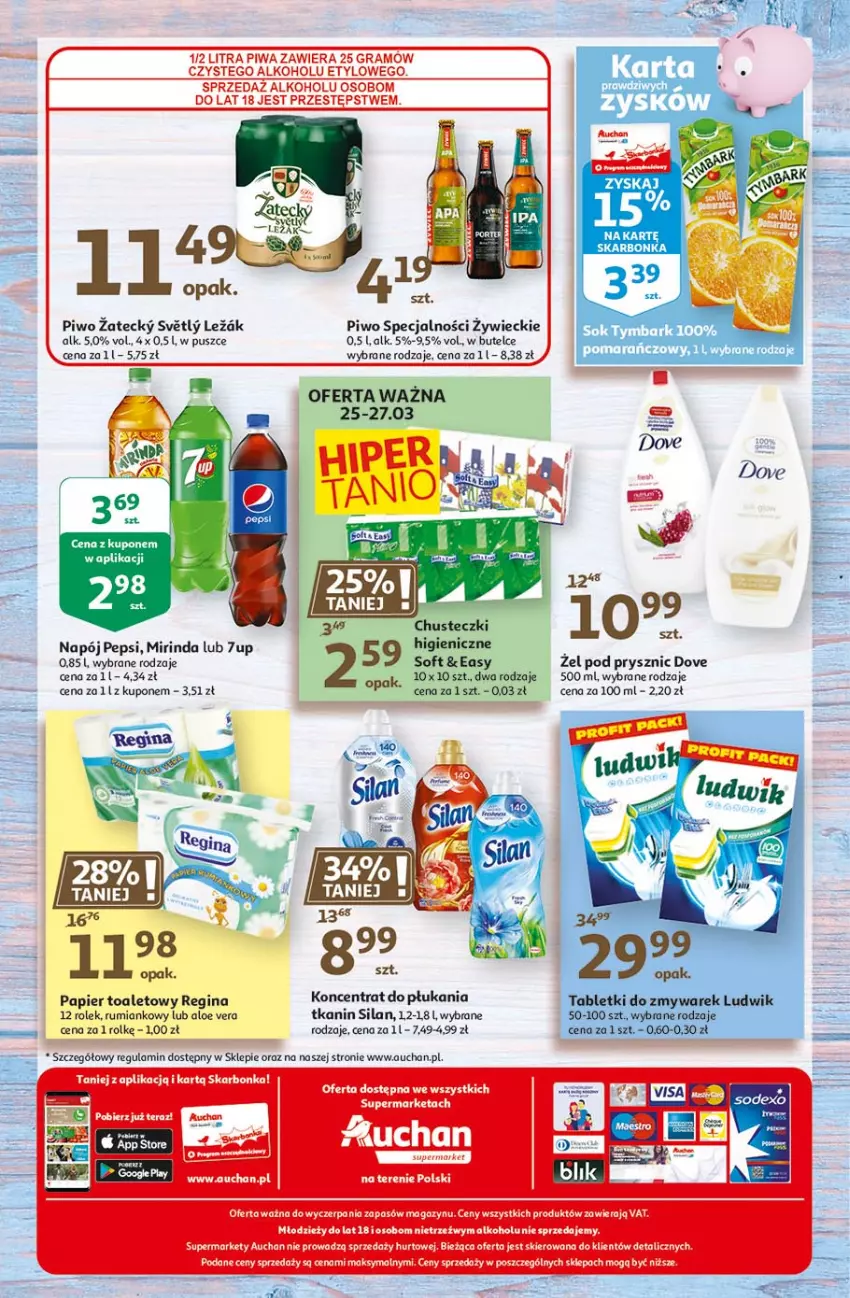 Gazetka promocyjna Auchan - Święta tuż tuż Supermarkety - ważna 25.03 do 03.04.2021 - strona 1 - produkty: 7up, Aloe vera, Dove, Gin, Gra, Mirinda, Napój, Papier, Papier toaletowy, Pepsi, Piwa, Piwo, Rum, Silan, Sok, Tymbark