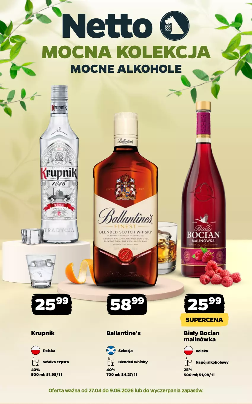 Gazetka promocyjna Netto - Alkohole - Mocne - ważna 27.04 do 09.05.2026 - strona 1 - produkty: Alkohole, Ballantine's, Biały Bocian, Koc, Krupnik, Napój, Whisky, Wódka