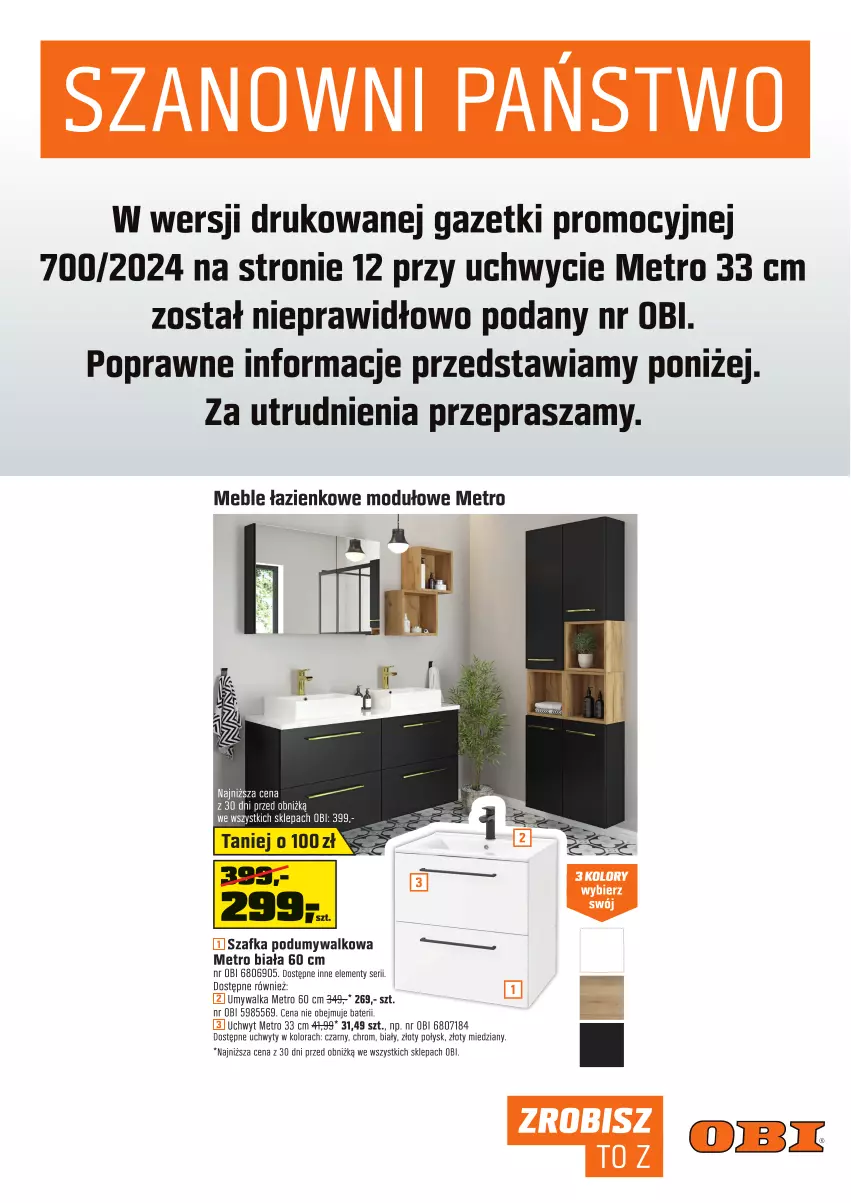 Gazetka promocyjna Obi - Gazetka OBI - ważna 24.04 do 07.05.2024 - strona 17 - produkty: Meble, Meble łazienkowe, Metro, Ser, Szafka, Uchwyty, Umywalka