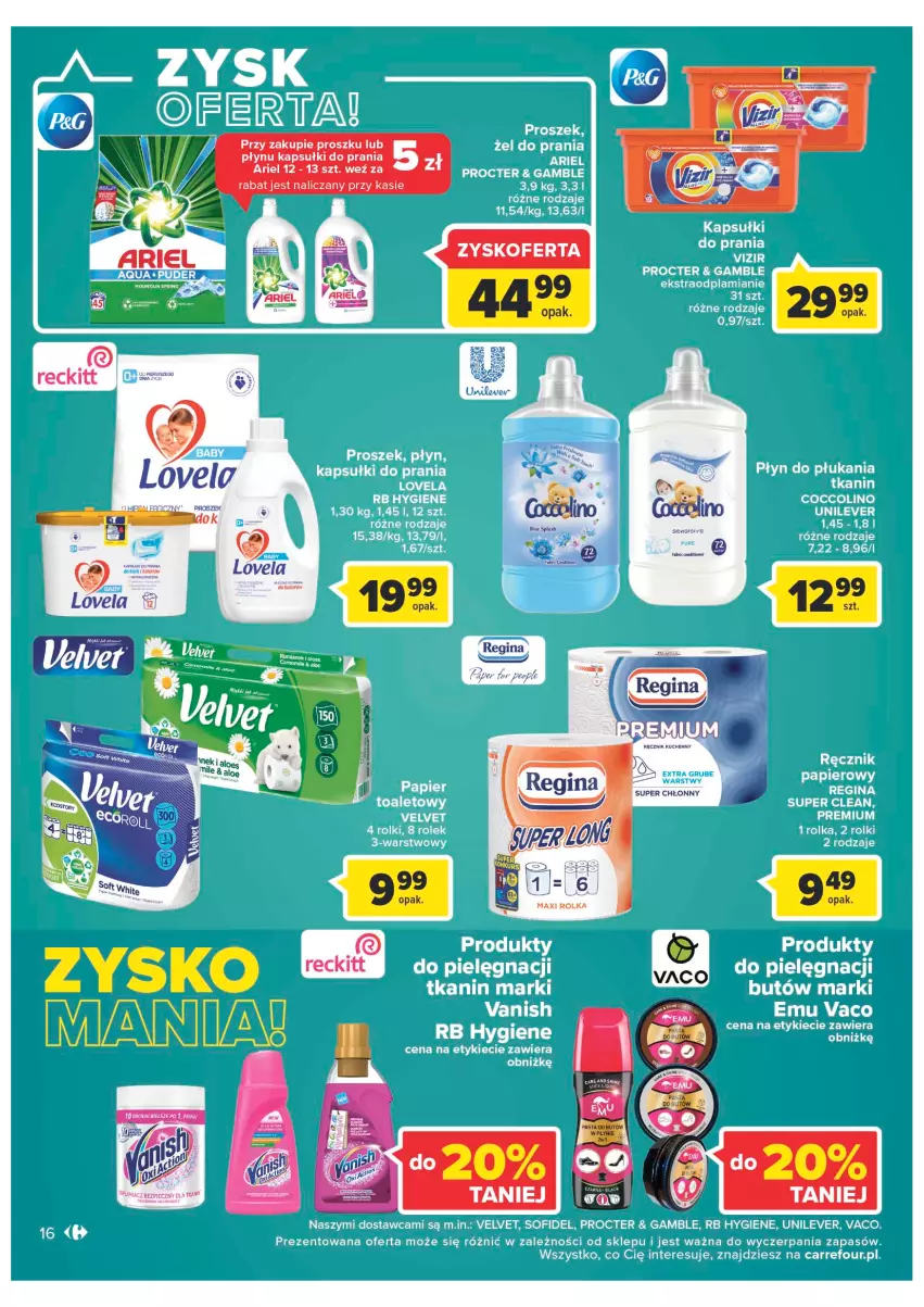 Gazetka promocyjna Carrefour - Gazetka Market - ważna 27.09 do 01.10.2022 - strona 16 - produkty: Ariel, Coccolino, Gin, Kapsułki do prania, Lovela, Papier, Ręcznik, Rolki, Vanish, Velvet, Vizir