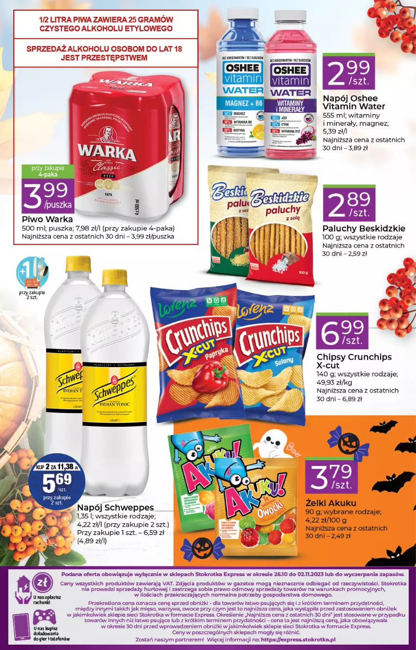 Gazetka promocyjna Stokrotka - Stokrotka Express - ważna 26.10 do 02.11.2023 - strona 3 - produkty: Beskidzki, Chipsy, Crunchips, Magnez, Mięso, Napój, Oshee, Owoce, Piwo, Schweppes, Ser, Telefon, Vitamin napój, Warka, Warzywa