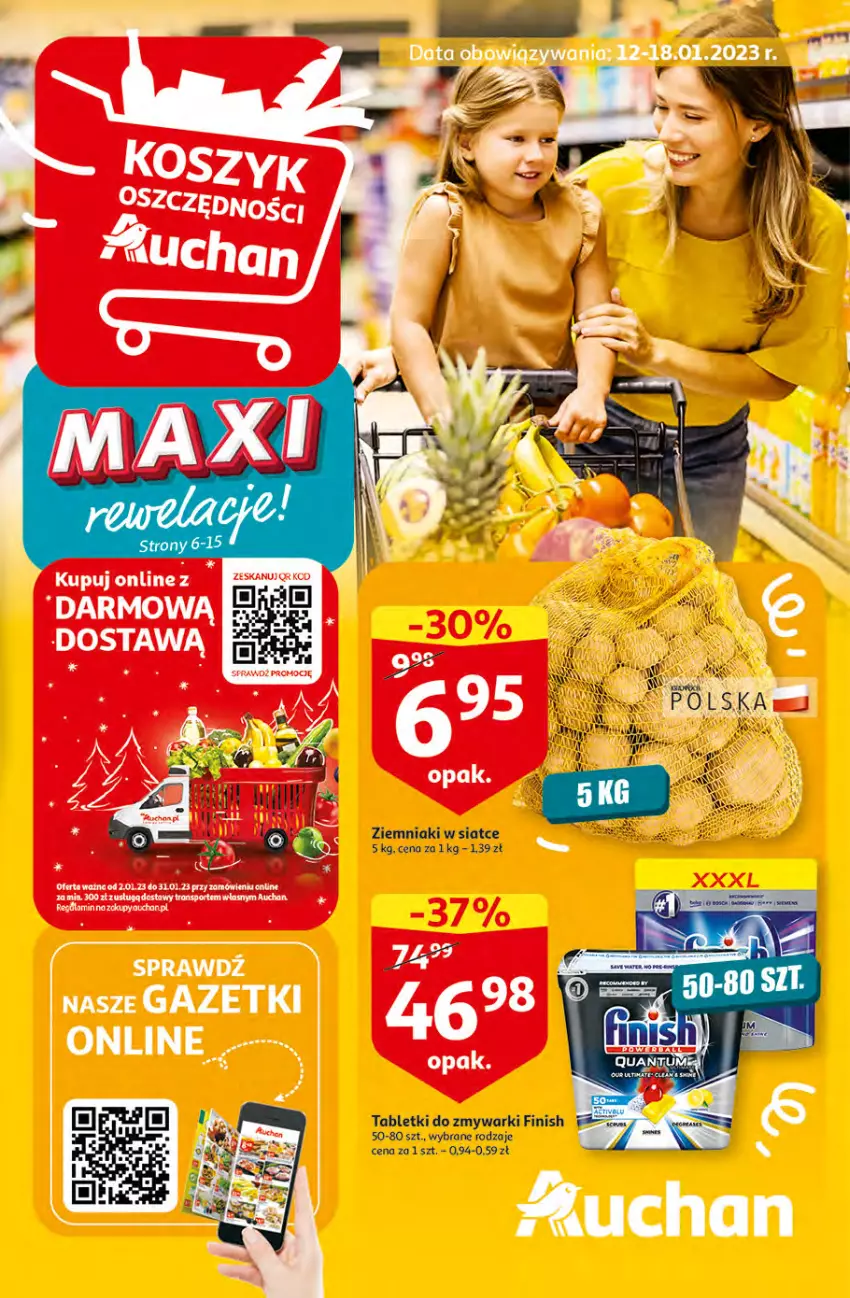 Gazetka promocyjna Auchan - Gazetka MAXI rewelacje Auchan Hipermarket - ważna 12.01 do 18.01.2023 - strona 1 - produkty: Finish, Rum, Tablet, Tabletki do zmywarki, Ziemniaki, Zmywarki