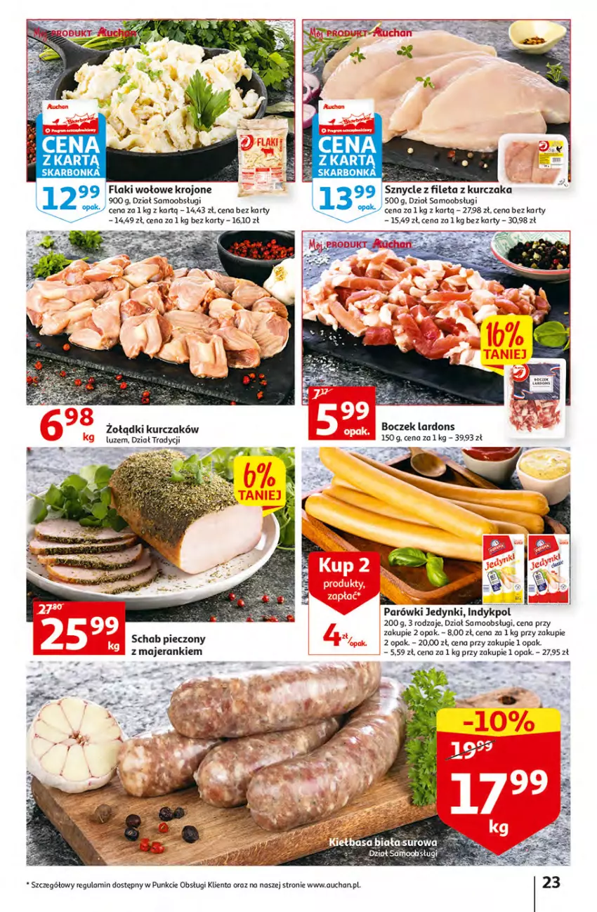 Gazetka promocyjna Auchan - Gazetka MAXI rewelacje Auchan Hipermarket - ważna 12.01 do 18.01.2023 - strona 23 - produkty: Boczek, Flaki, Flaki wołowe, Kurczak, Parówki