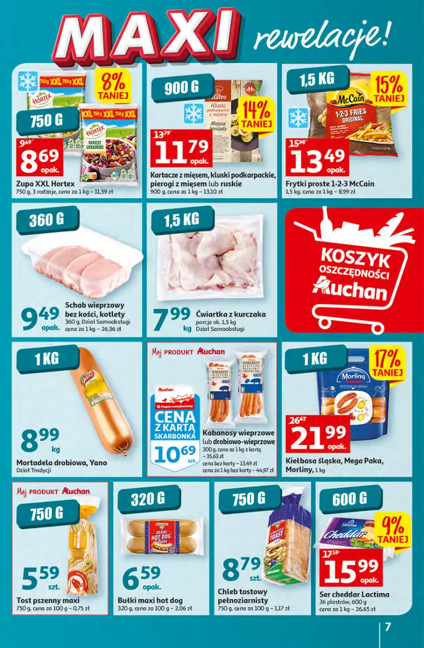 Gazetka promocyjna Auchan - Gazetka MAXI rewelacje Auchan Hipermarket - ważna 12.01 do 18.01.2023 - strona 7 - produkty: Cheddar, Chleb, Chleb tostowy, Frytki, Hortex, Hot dog, Kabanos, Karp, Kiełbasa, Kiełbasa śląska, Kotlet, Kurczak, McCain, Morliny, Pierogi, Por, Schab wieprzowy, Ser, Zupa