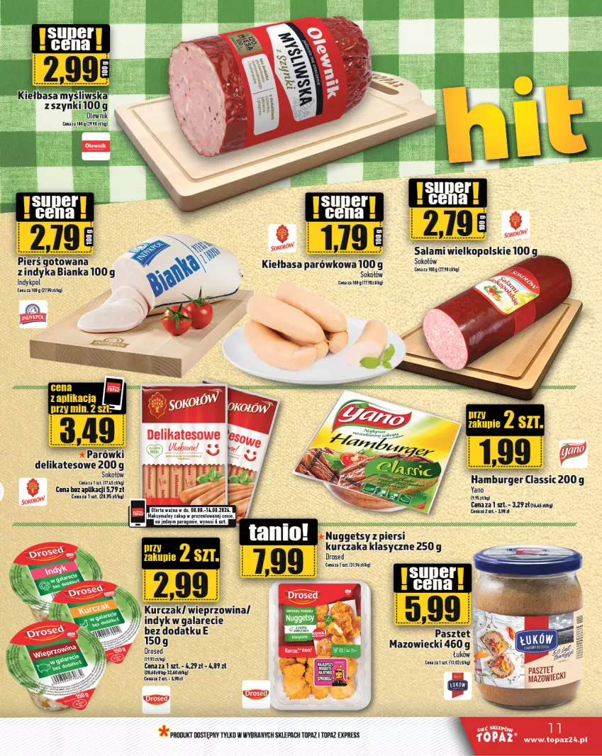 Gazetka promocyjna Topaz - Gazetka - ważna 08.08 do 14.08.2024 - strona 11 - produkty: Burger, Gala, Hamburger, Kiełbasa, Kurczak, Olewnik, Parówki, Pasztet, Sok, Top