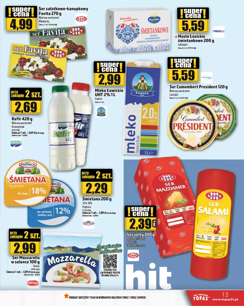 Gazetka promocyjna Topaz - Gazetka - ważna 08.08 do 14.08.2024 - strona 13 - produkty: Camembert, Kefir, Masło, Mazdamer, Mleko, Mlekovita, Mozzarella, Piątnica, Salami, Sałat, Ser, Ser sałatkowo-kanapkowy, Solan, Sos, Top, Vita C