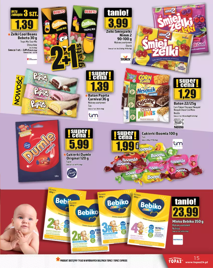 Gazetka promocyjna Topaz - Gazetka - ważna 08.08 do 14.08.2024 - strona 15 - produkty: Baton, Cini Minis, Corn flakes, Cukier, Cukierki, Fa, Gin, Nesquik, Nimm2, Top