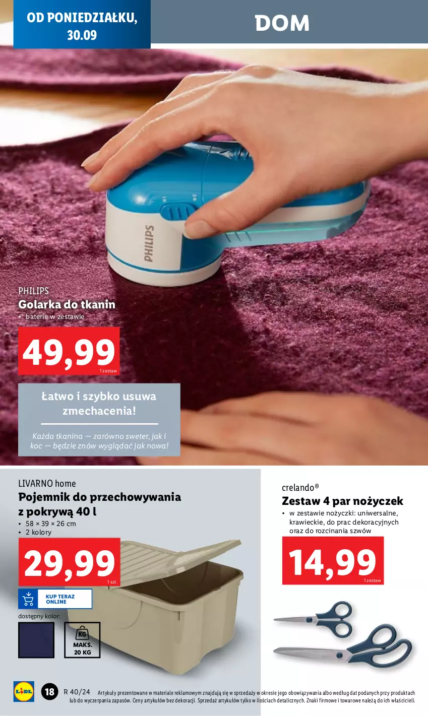 Gazetka promocyjna Lidl - GAZETKA - ważna 30.09 do 05.10.2024 - strona 20 - produkty: Golarka, Ivar, Koc, Kuchnia, Noż, Nożyczki, Philips, Pojemnik, Pojemnik do przechowywania, Sweter