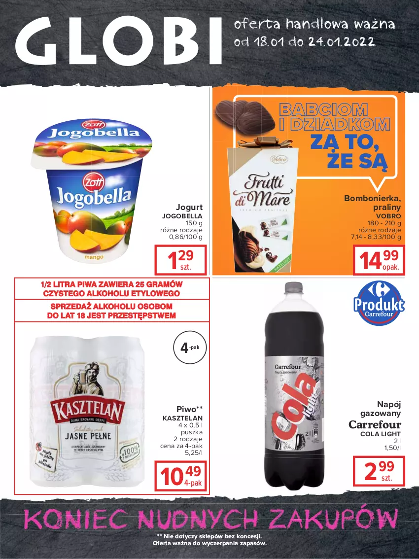 Gazetka promocyjna Carrefour - Gazetka Globi - ważna 18.01 do 24.01.2022 - strona 2 - produkty: Bell, Bella, Gra, Jogobella, Jogurt, Kasztelan, Napój, Napój gazowany, Piwa, Piwo, Praliny