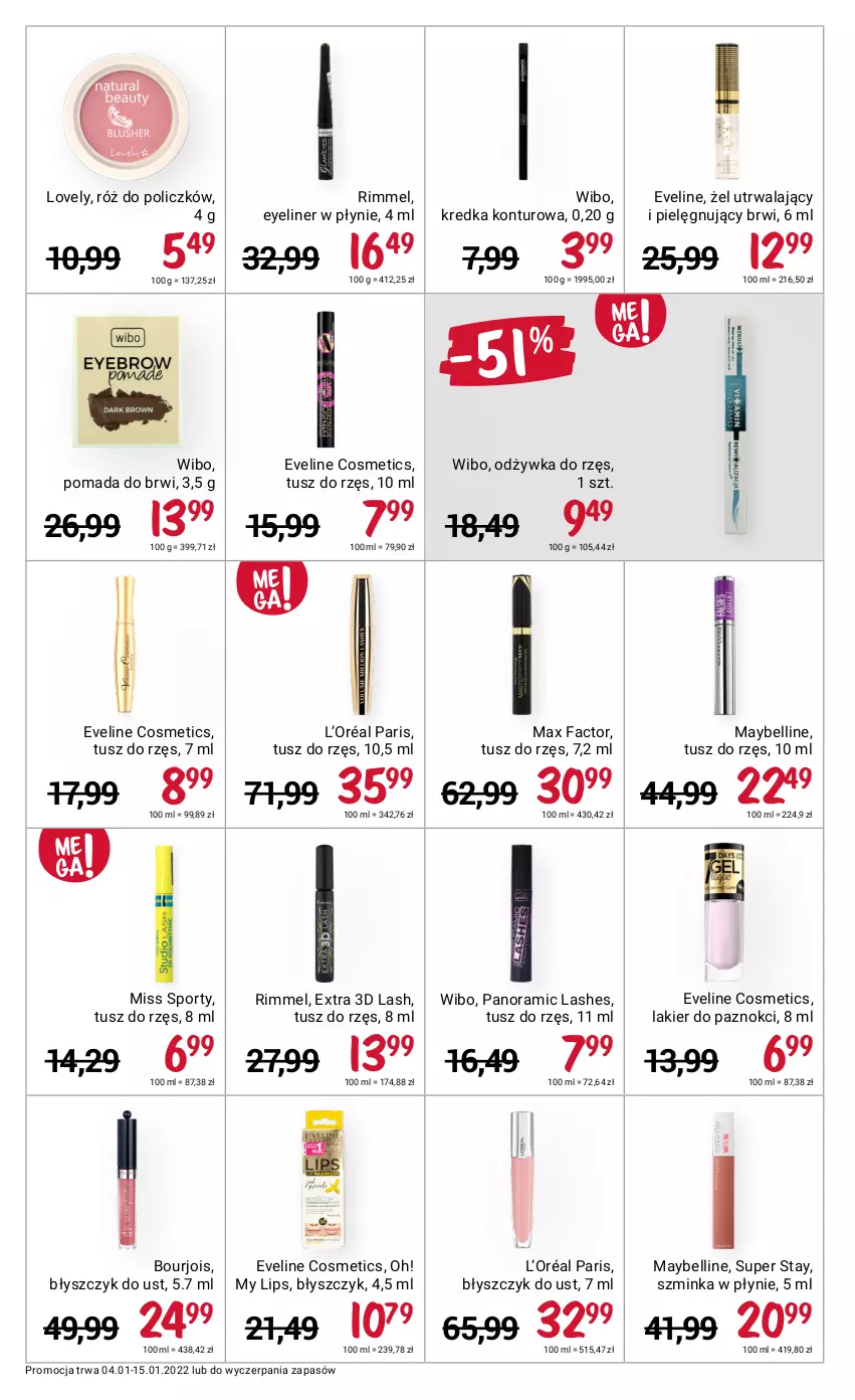 Gazetka promocyjna Rossmann - ważna 04.01 do 15.01.2022 - strona 10 - produkty: Bell, Błyszczyk do ust, Bourjois, Eveline, Fa, Inka, Kredka, L’Oréal, Lakier, Lakier do paznokci, Lovely, Max Factor, Maybelline, Miss Sporty, Odżywka, Pomada, Pomada do brwi, Por, Róż do policzków, Sport, Szminka, Tusz, Wibo