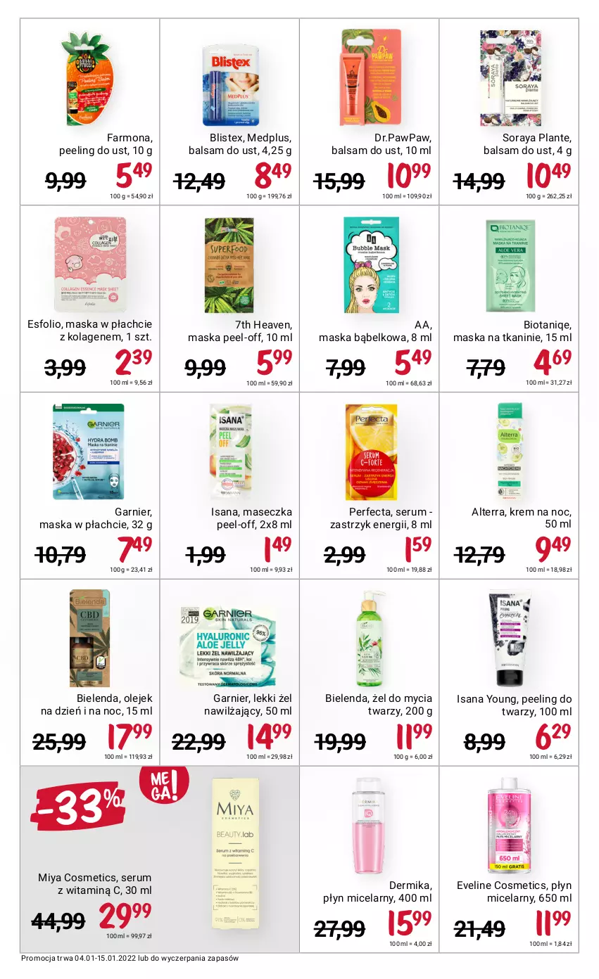 Gazetka promocyjna Rossmann - ważna 04.01 do 15.01.2022 - strona 7 - produkty: Alterra, Balsam do ust, Bielenda, Dermika, Eveline, Fa, Garnier, Isana, Kolagen, Krem na noc, Maska, Maska w płachcie, Miya Cosmetics, Olej, Peeling, Perfecta, Płyn micelarny, Rum, Ser, Serum