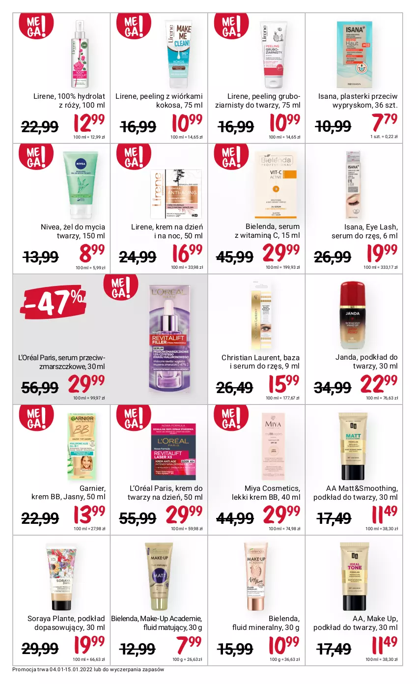 Gazetka promocyjna Rossmann - ważna 04.01 do 15.01.2022 - strona 8 - produkty: Bielenda, Garnier, Hydrolat, Isana, Kokos, Krem bb, Krem do twarzy, Krem na dzień, Krem na dzień i na noc, L’Oréal, Laur, Lirene, Mars, Miya Cosmetics, Nivea, Peeling, Plasterki, Podkład, Podkład do twarzy, Rum, Ser, Serum