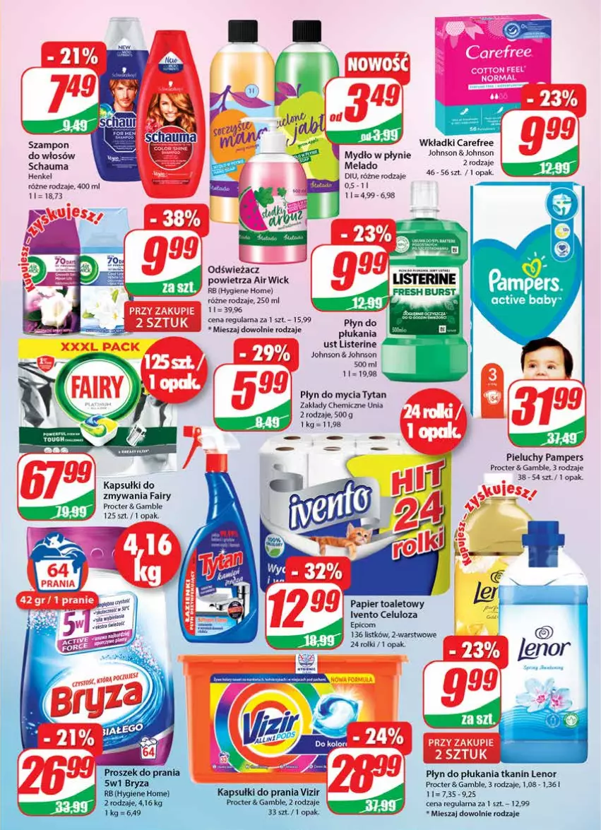 Gazetka promocyjna Dino - Gazetka - ważna 04.05 do 10.05.2022 - strona 23 - produkty: Air Wick, Carefree, Fa, Fairy, Kapsułki do prania, Lenor, Listerine, Mydło, Mydło w płynie, Odświeżacz powietrza, Pampers, Papier, Papier toaletowy, Pieluchy, Płyn do mycia, Płyn do płukania, Rolki, Schauma, Szampon, Tytan, Vizir, Wkładki