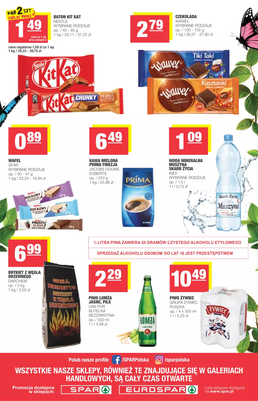 Gazetka promocyjna Spar - Eurospar - ważna 21.04 do 27.04.2021 - strona 4 - produkty: Baton, Czekolada, Jacobs, Kawa, Kawa mielona, Kit Kat, Piwo, Prima, Pur, Wawel, Woda, Woda mineralna