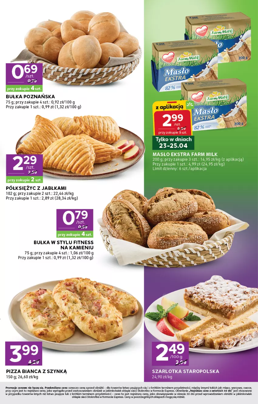 Gazetka promocyjna Stokrotka - Stokrotka Express - ważna 23.04 do 28.04.2026 - strona 3 - produkty: Bułka, Fa, Farm Milk, Jabłka, Masło, Mięso, Owoce, Pizza, Szarlotka, Warzywa