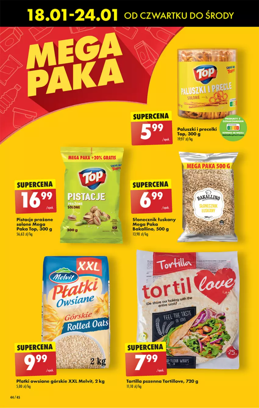 Gazetka promocyjna Biedronka - Od czwartku - ważna 18.01 do 24.01.2024 - strona 48 - produkty: Melvit, Pistacje, Płatki owsiane, Precelki, Top, Tortilla