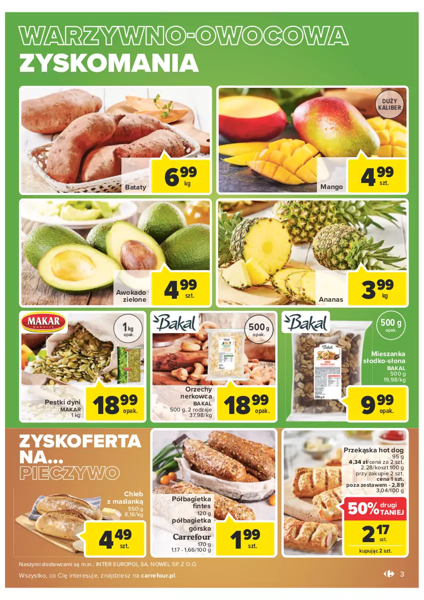 Gazetka promocyjna Carrefour - Gazetka Carrefour Okazje stycznia - ważna 03.01 do 31.01.2022 - strona 3 - produkty: Ananas, Bagietka, Chleb, Hot dog, Kosz, Mango, Pestki dyni, Piec, Pieczywo, Półbagietka