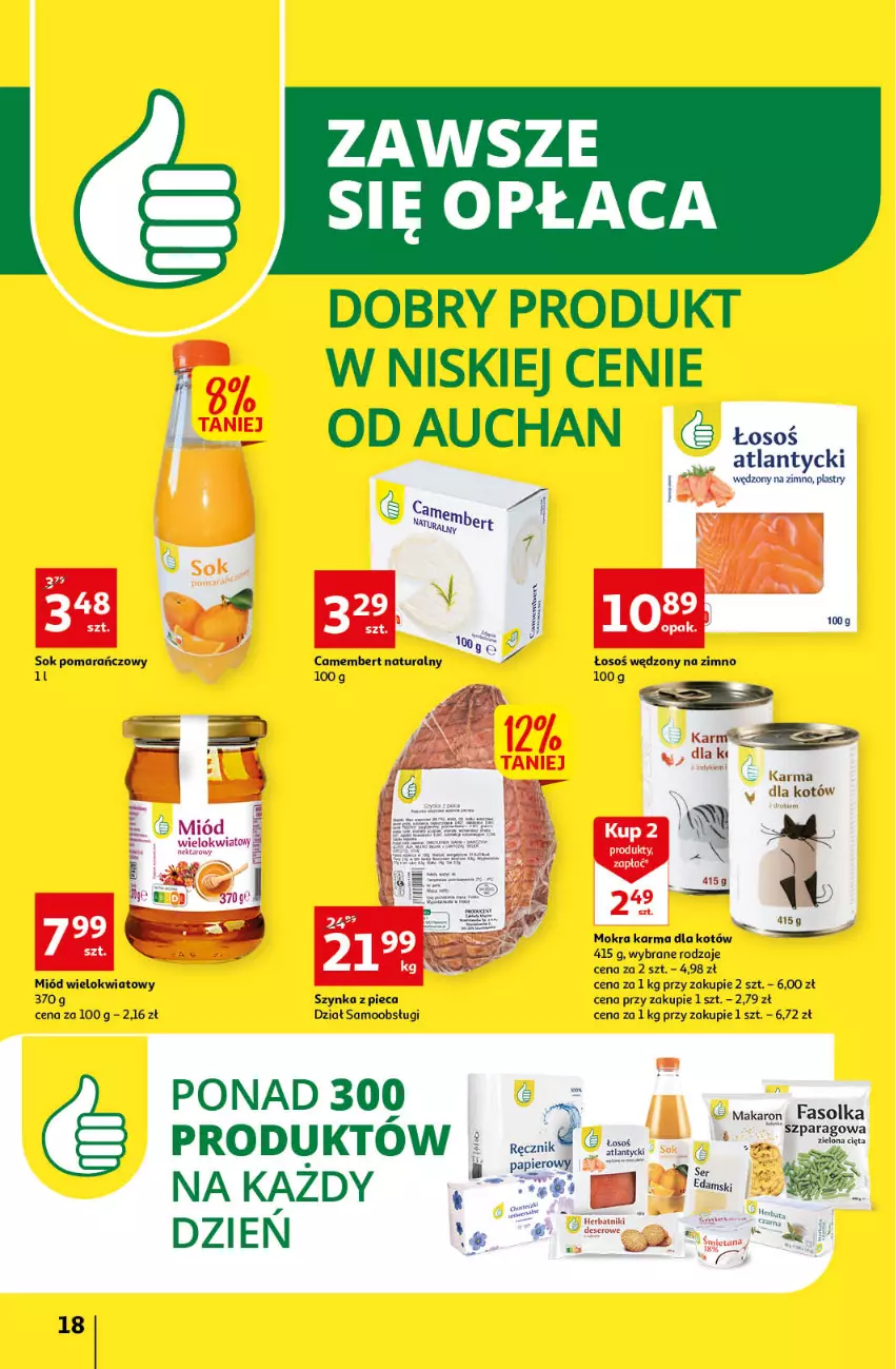 Gazetka promocyjna Auchan - Gazetka Rewelacyjnie małe ceny Auchan Hipermarket - ważna 03.01 do 11.01.2023 - strona 18 - produkty: Camembert, Fa, Herbatniki, LG, Makaron, Miód, Mokra karma, Nektar, Piec, Ręcznik, Sok, Sok pomarańczowy, Szynka