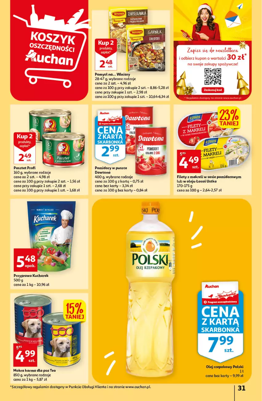 Gazetka promocyjna Auchan - Gazetka Rewelacyjnie małe ceny Auchan Hipermarket - ważna 03.01 do 11.01.2023 - strona 31 - produkty: Dawtona, Kucharek, Mokra karma, Olej, Olej rzepakowy, Pasztet, Pomidory, Sos, Tera, Winiary