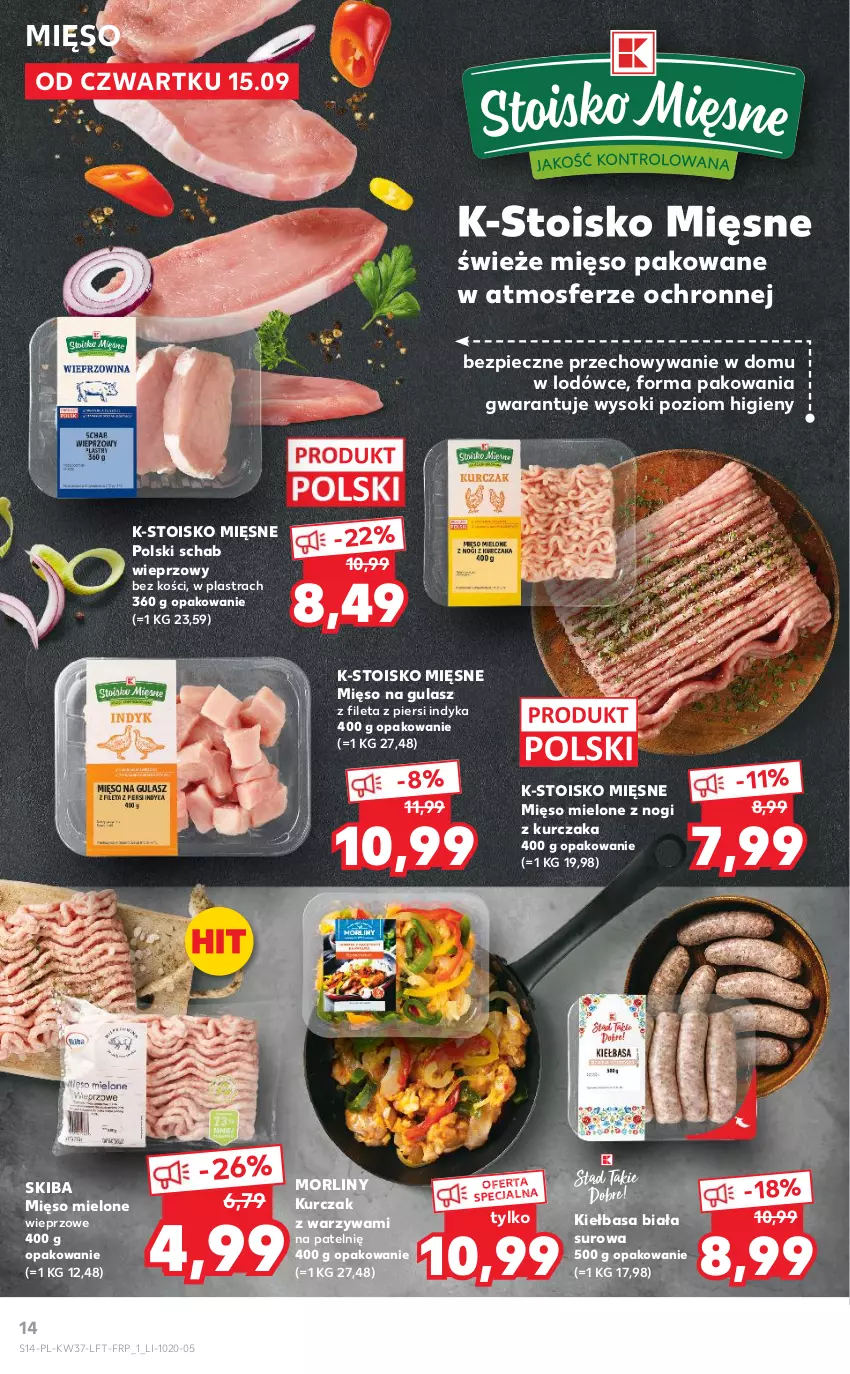 Gazetka promocyjna Kaufland - OFERTA TYGODNIA - ważna 15.09 do 21.09.2022 - strona 14 - produkty: Kiełbasa, Kiełbasa biała, Kurczak, Mięso, Mięso mielone, Mięso na gulasz, Morliny, Piec, Schab wieprzowy, Sok, Warzywa