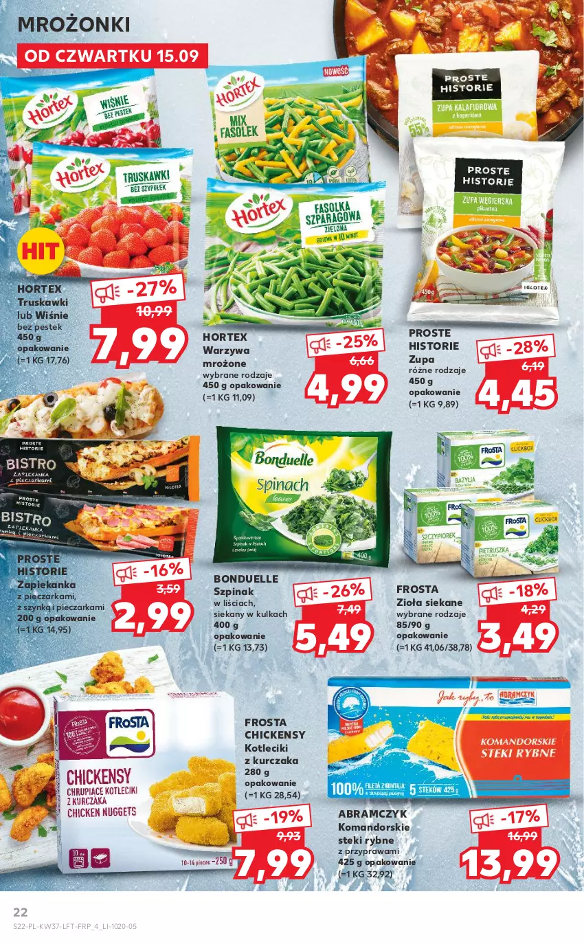 Gazetka promocyjna Kaufland - OFERTA TYGODNIA - ważna 15.09 do 21.09.2022 - strona 22 - produkty: Bonduelle, Frosta, Hortex, Kurczak, Piec, Pieczarka, Stek, Szpinak, Truskawki, Warzywa, Zapiekanka, Zupa