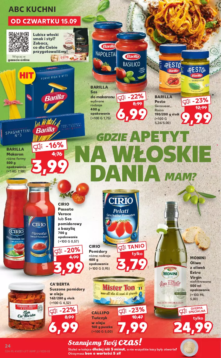 Gazetka promocyjna Kaufland - OFERTA TYGODNIA - ważna 15.09 do 21.09.2022 - strona 24 - produkty: Barilla, Bazyl, Gin, Makaron, Monini, Olej, Oliwa, Oliwa z oliwek, Pesto, Pomidory, Sos, Sos do makaronu, Sos pomidorowy, Suszone pomidory, Tuńczyk