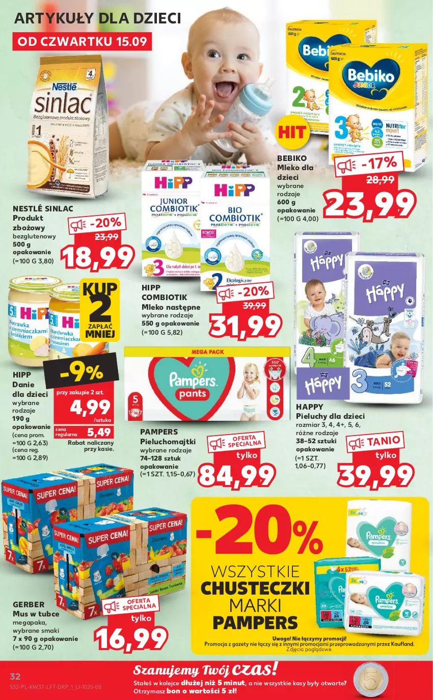 Gazetka promocyjna Kaufland - OFERTA TYGODNIA - ważna 15.09 do 21.09.2022 - strona 32 - produkty: Bebiko, Chusteczki, Danie dla dzieci, Dzieci, Gerber, HiPP, Majtki, Mleko, Mleko dla dzieci, Mus, Nestlé, O nas, Olej, Pampers, Pieluchomajtki, Pieluchy, Sinlac, Waga