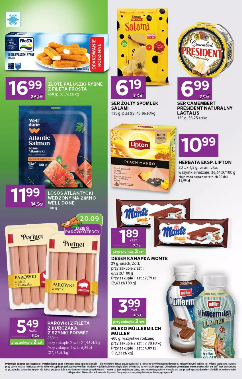 Gazetka promocyjna Stokrotka - Stokrotka Express - ważna 18.09 do 24.09.2025 - strona 4 - produkty: Camembert, Deser, Fa, Herbata, Kurczak, Lipton, Mleko, Monte, Paluszki rybne, Parówki, Salami, Ser, Zott