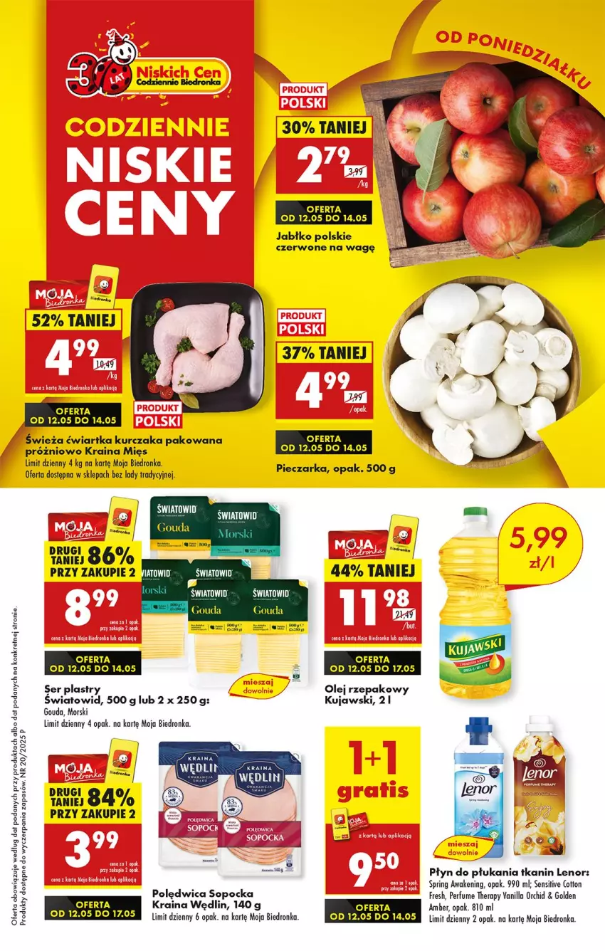 Gazetka promocyjna Biedronka - Od Poniedziałku - ważna 12.05 do 17.05.2025 - strona 1 - produkty: Gouda, Kret, Kujawski, Kurczak, Lenor, Olej, Olej rzepakowy, Perfum, Piec, Pieczarka, Płyn do płukania, Polędwica, Ser