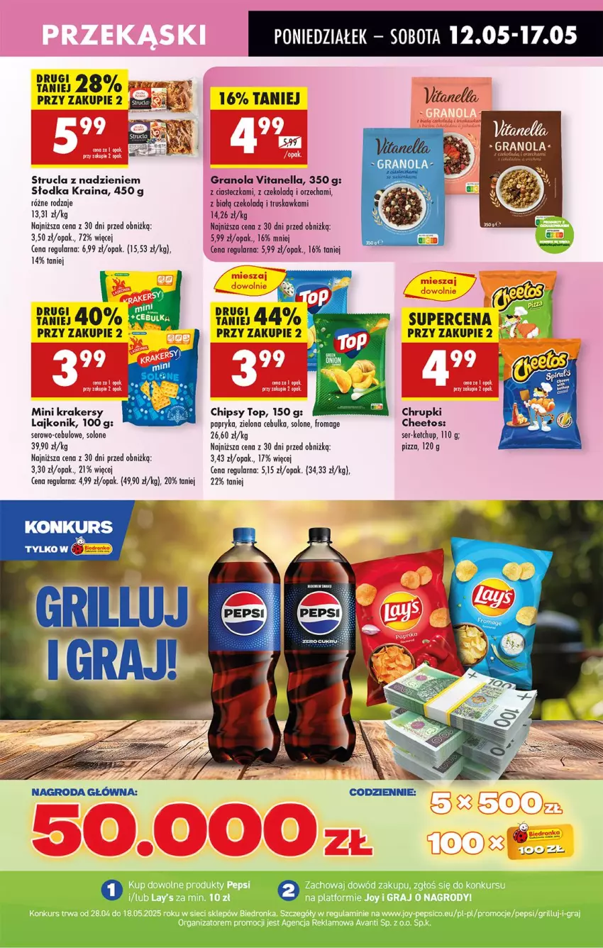 Gazetka promocyjna Biedronka - Od Poniedziałku - ważna 12.05 do 17.05.2025 - strona 51 - produkty: Cheetos, Chipsy, Chrupki, Gra, Granola, Grill, Ketchup, Krakersy, Lajkonik, Papryka, Pepsi, Pizza, Ser, Strucla, Top