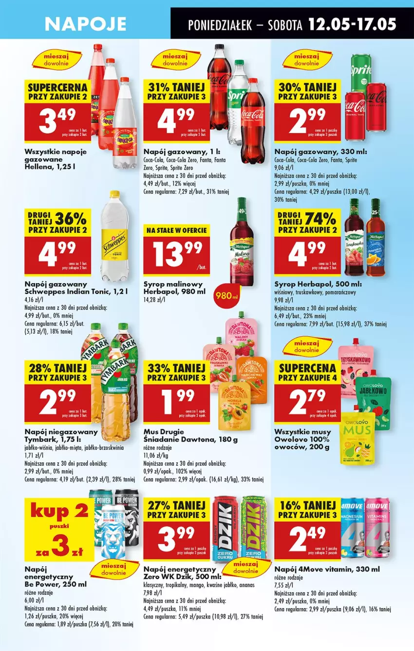 Gazetka promocyjna Biedronka - Od Poniedziałku - ważna 12.05 do 17.05.2025 - strona 53 - produkty: Ananas, Coca-Cola, Dawtona, Fa, Fanta, Hellena, Herbapol, Mango, Mięta, Mus, Napój, Napój energetyczny, Napój gazowany, Napój niegazowany, Napoje, Schweppes, Sprite, Syrop, Tymbark