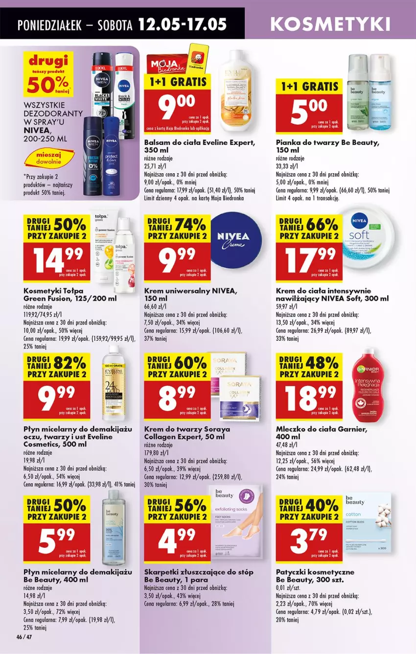 Gazetka promocyjna Biedronka - Od Poniedziałku - ważna 12.05 do 17.05.2025 - strona 59 - produkty: Balsam do ciała, Be Be, Dezodorant, Eveline, Fusion, Garnier, Gra, Karp, Krem do ciała, Krem do twarzy, Krem uniwersalny, Makijaż, Mleczko, Mleczko do ciała, Nivea, Patyczki kosmetyczne, Płyn micelarny, Skarpetki, Tołpa, Tran