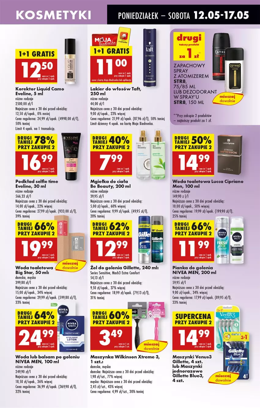 Gazetka promocyjna Biedronka - Od Poniedziałku - ważna 12.05 do 17.05.2025 - strona 61 - produkty: Balsam po goleniu, Be Be, Dezodorant, Eveline, Fa, Gillette, Gra, Lakier, Lakier do włosów, Mach3, Maszynka, Nivea, Nivea Men, Pianka do golenia, Podkład, Ser, Str8, Szynka, Taft, Tran, Venus, Woda, Woda toaletowa