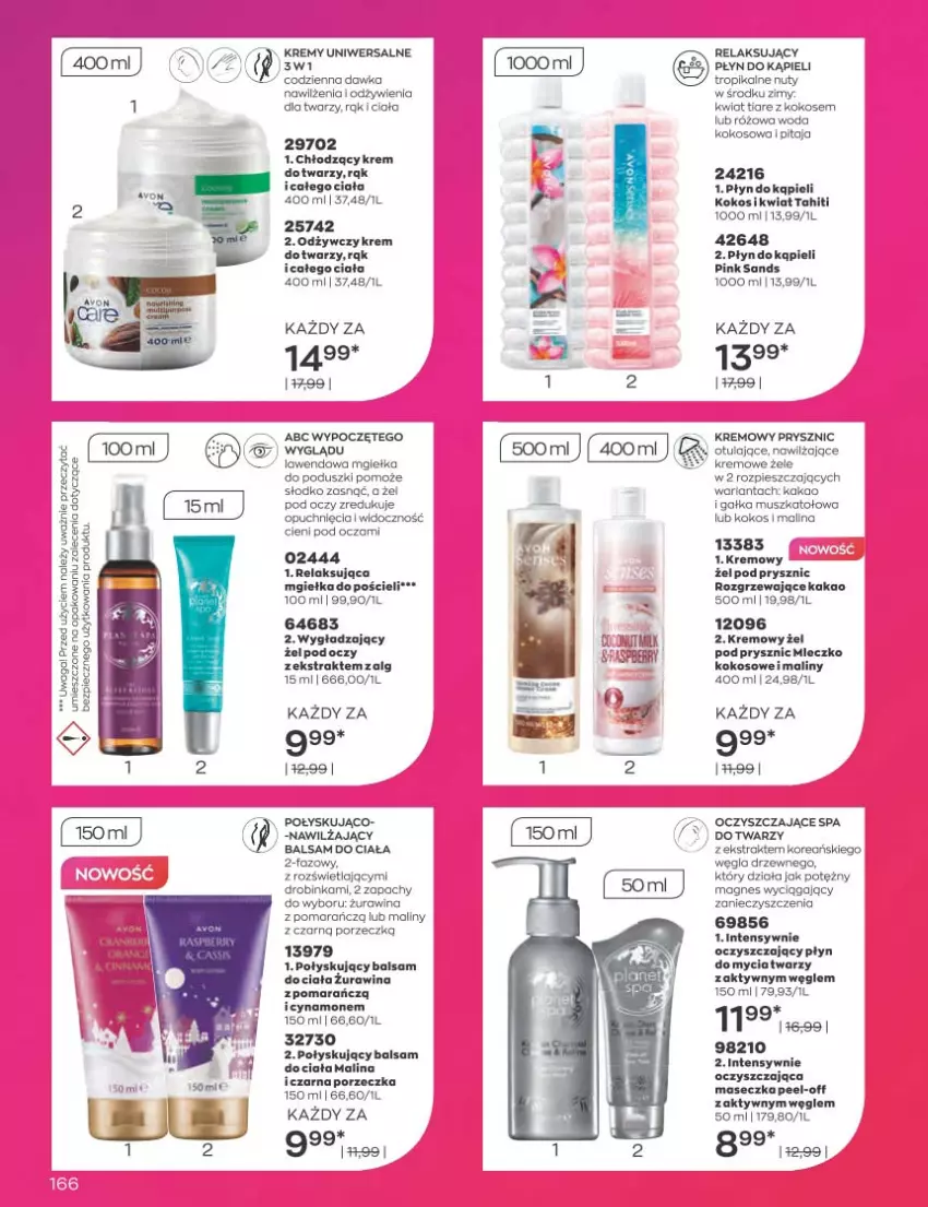 Gazetka promocyjna Avon - Katalog Avon 1/2023 kampania styczeń - ważna 01.01 do 31.01.2023 - strona 166 - produkty: Balsam do ciała, Fa, Inka, Kakao, Kokos, LG, Maliny, Mleczko, Mus, Nuty, Piec, Płyn do kąpieli, Płyn do mycia, Por, Pościel, Waga, Woda