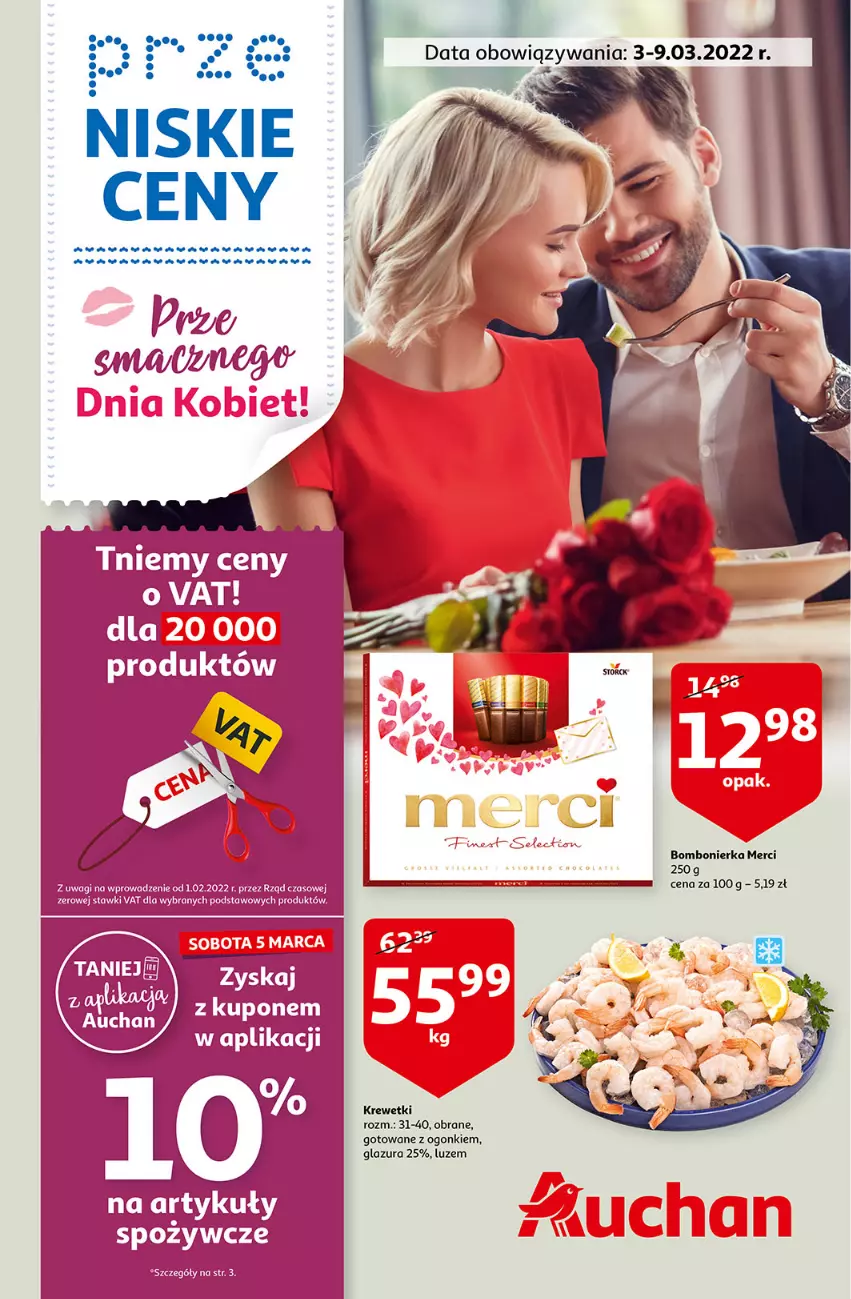 Gazetka promocyjna Auchan - przeNISKIE CENY prze smacznego Dnia Kobiet Hipermarkety - ważna 03.03 do 09.03.2022 - strona 1 - produkty: Glazura, Krewetki, Lazur, Merci, Wagi