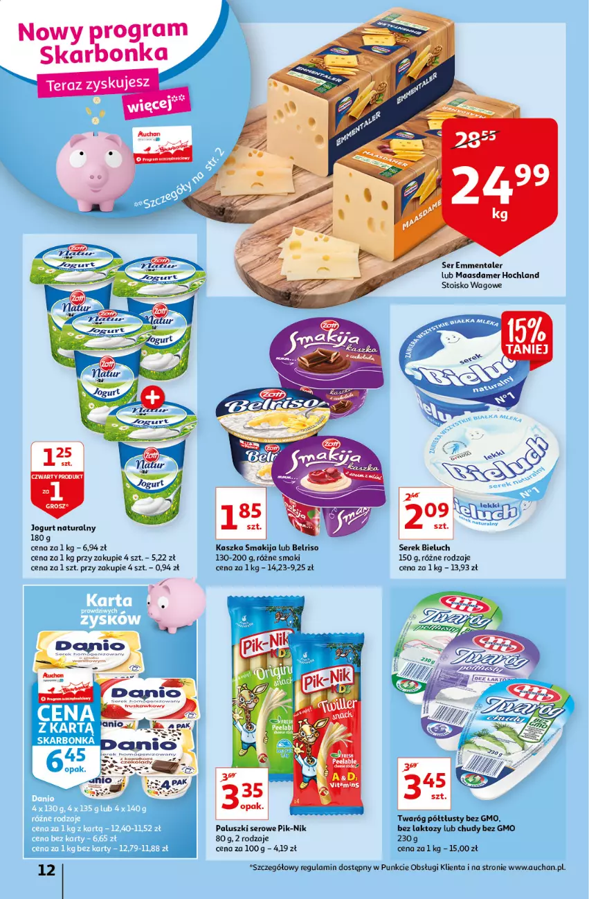 Gazetka promocyjna Auchan - przeNISKIE CENY prze smacznego Dnia Kobiet Hipermarkety - ważna 03.03 do 09.03.2022 - strona 12 - produkty: Belriso, Bieluch, Emmental, Gra, Hochland, Jogurt, Jogurt naturalny, Maasdam, Ser, Serek, Smakija, Tera, Twaróg, Twaróg półtłusty