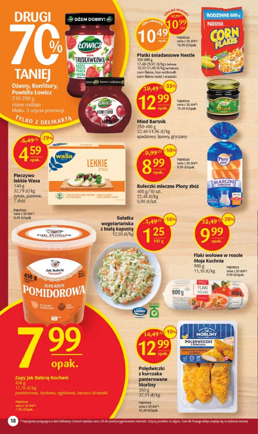 Gazetka promocyjna Delikatesy Centrum - Gazetka DC07 - ważna 16.02 do 22.02.2023 - strona 18 - produkty: Bułeczki, Bułeczki mleczne, Corn flakes, Danio, Dżem, Flaki, Flaki wołowe, Gry, Kapustą, Kuchnia, Kurczak, Lion, Miód, Morliny, Orzeszki, Piec, Pieczywo, Sałat, Sałatka, Wasa