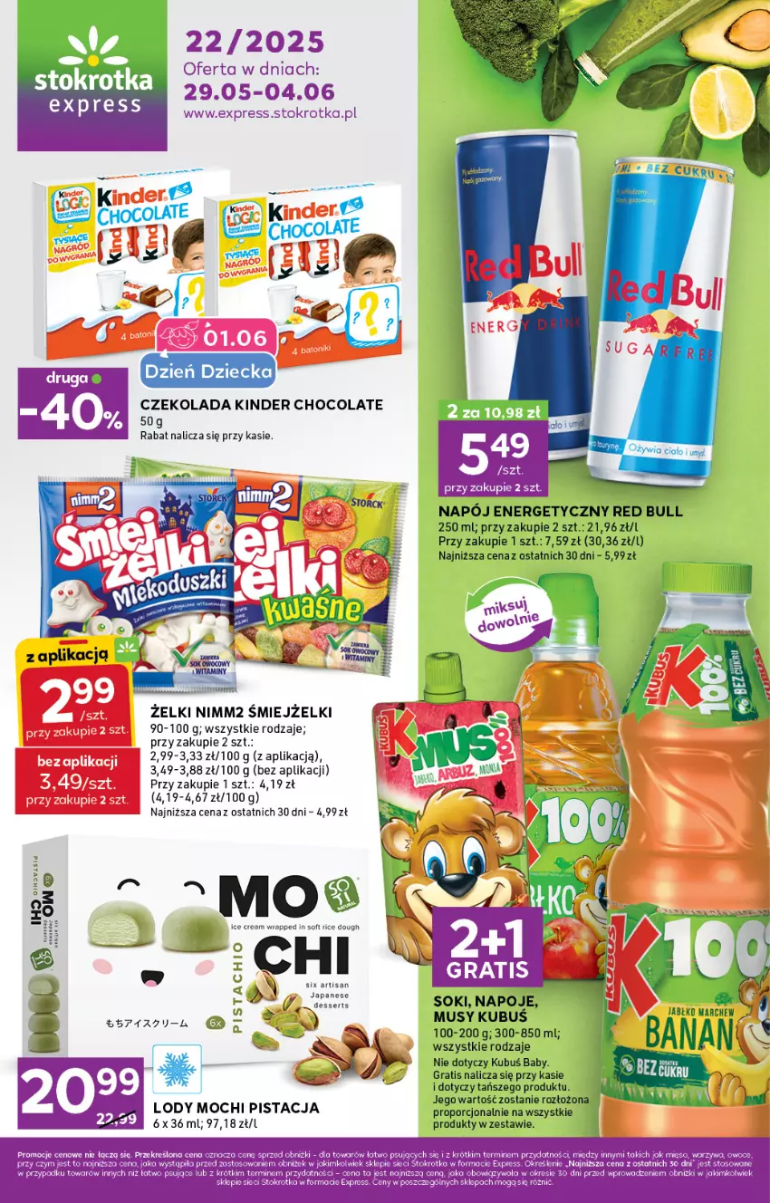 Gazetka promocyjna Stokrotka - Stokrotka Express - ważna 29.05 do 04.06.2025 - strona 1 - produkty: Czekolada, Fa, Gra, Kinder, Kubuś, LG, Lody, Mięso, Mus, Napoje, Nimm2, Por, Puf, Red Bull, Sok
