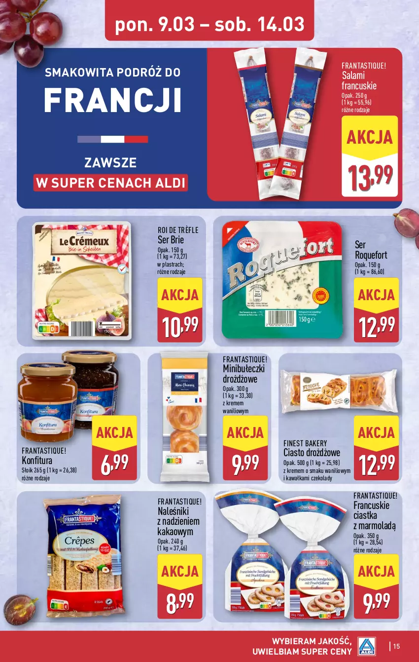 Gazetka promocyjna Aldi - Pełna oferta - ważna 09.03 do 14.03.2026 - strona 15 - produkty: Brie, Bułeczki, Ciastka, Kakao, Kawa, Konfitura, Mola, Naleśniki, Roquefort, Salami, Ser, Smakowita