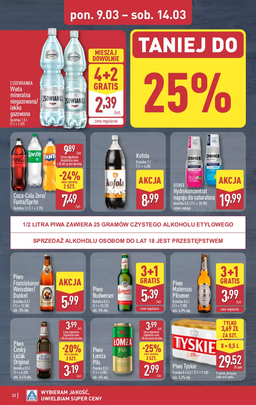 Gazetka promocyjna Aldi - Pełna oferta - ważna 09.03 do 14.03.2026 - strona 20 - produkty: Cisowianka, Coca-Cola, Fa, Fanta, Gin, Gra, Oshee, Piwa, Piwo, Ser, Skaner, Sprite, Tyskie, Woda, Woda mineralna